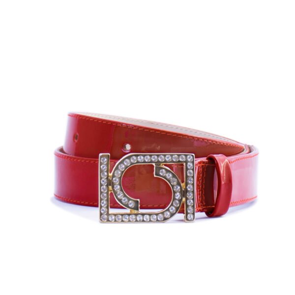 red leather belt with jeweled buckle