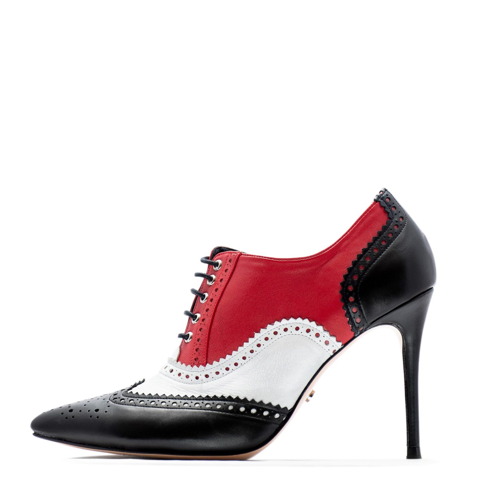 black, white & red pointy-toe oxford heels for men & women