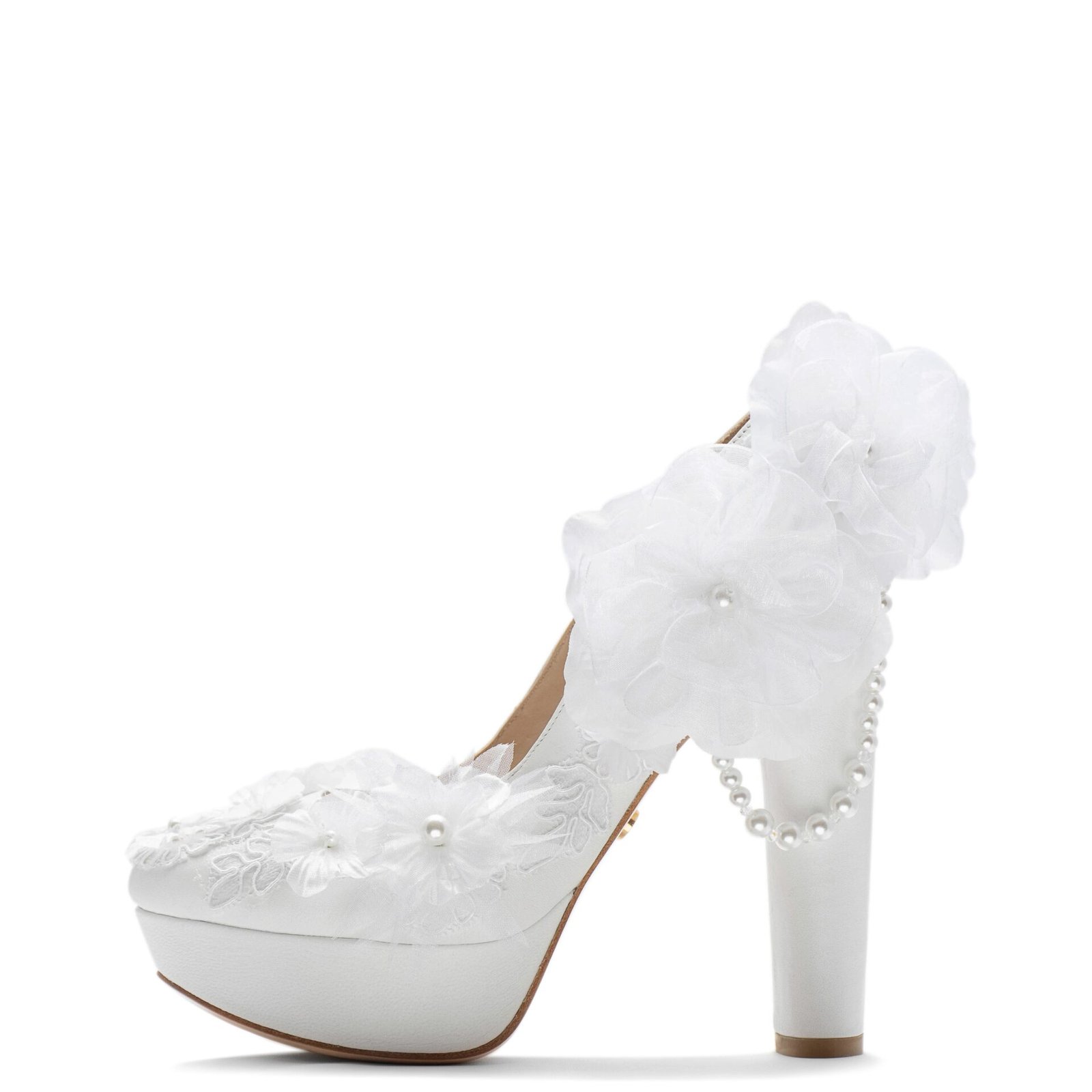 customizable white bridal platform pump with lace and pearls