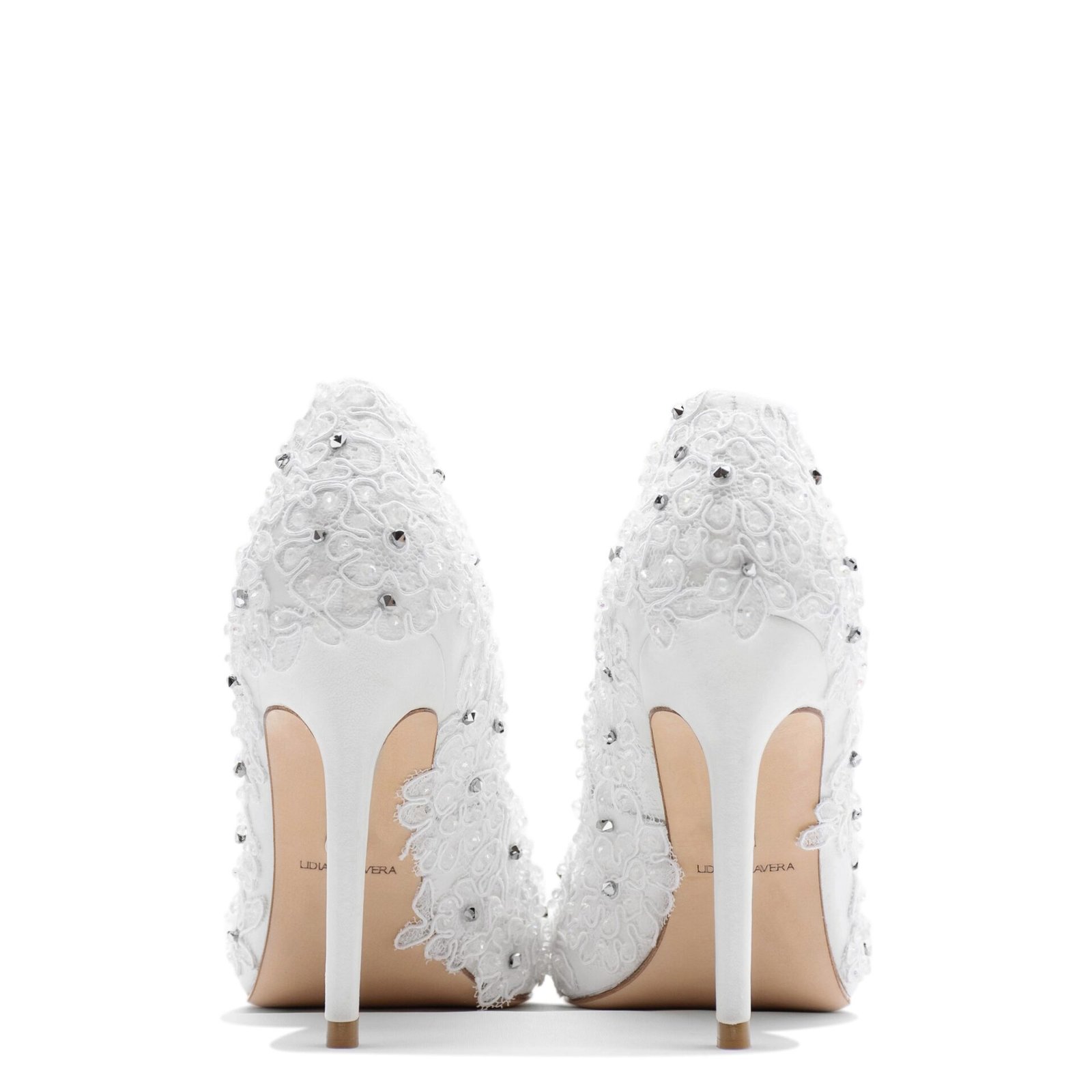 Bridal pointed toe pump with lace & crystals