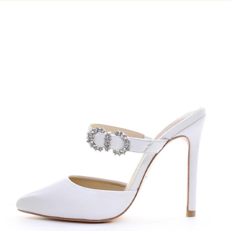 Pointed Toe white heels with silver buckle